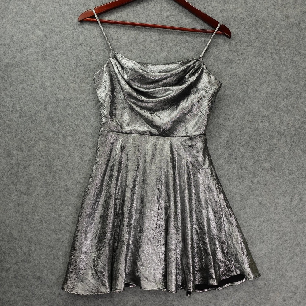 Cyber Y2K Metallic Dress Women 3 Silver Cocktail Cowl Skater Juniors CITY STUDIO